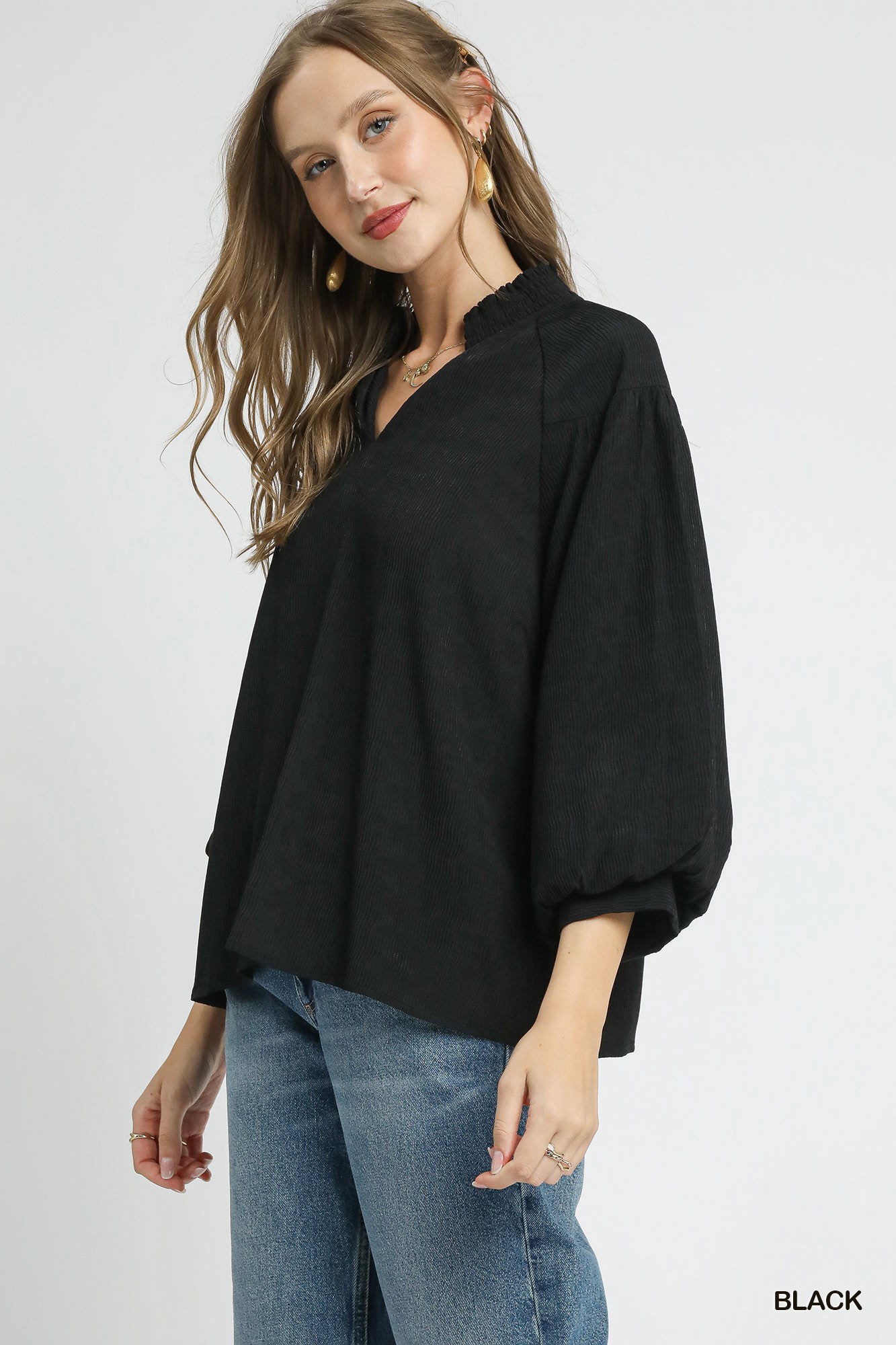 Textured V-Neck Blouse with Balloon Sleeves, image 3