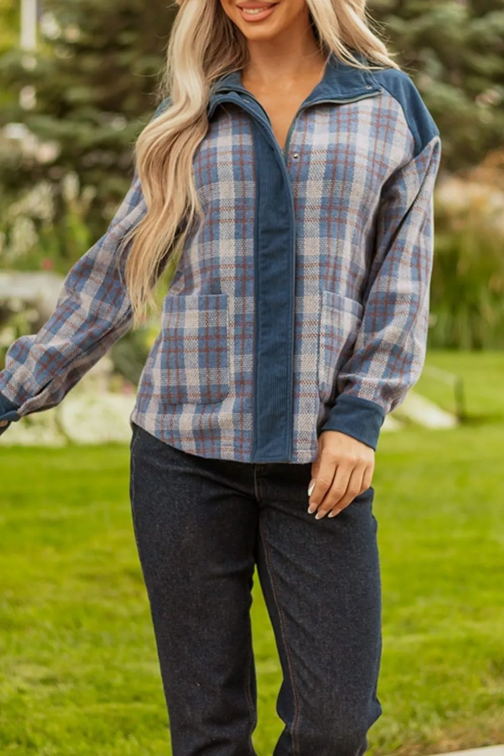 Plaid Corduroy Patchwork Collared Zip Up Snap Button Jacket, image 8