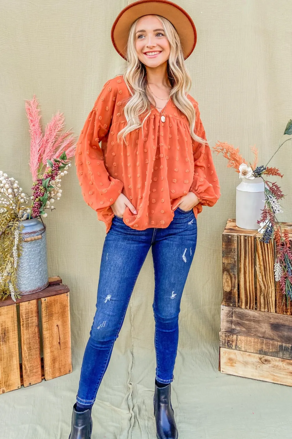 Swiss Dot V Neck Balloon Sleeve Woven Blouse, image 5