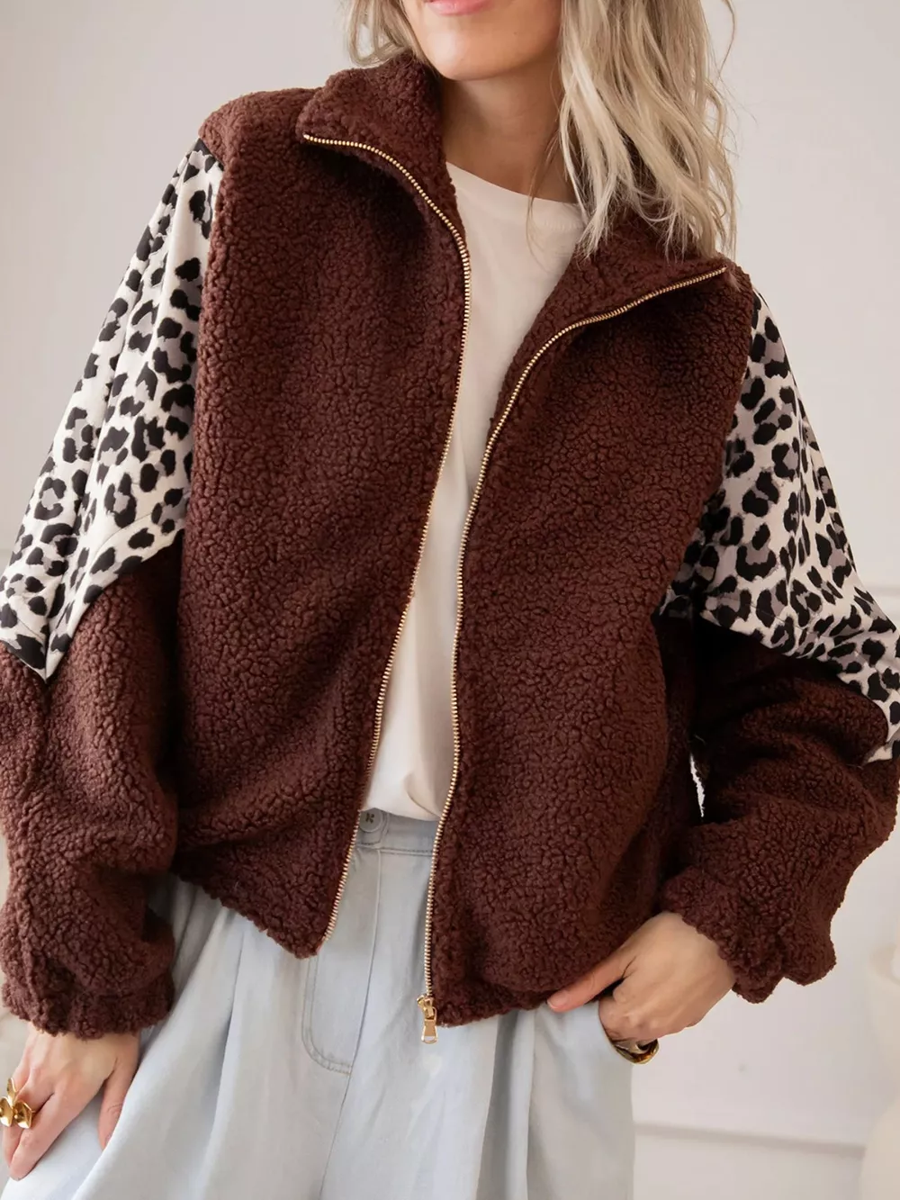 Leopard Patchwork Fleece Western Style Zip-up Collar Jacket, image 2