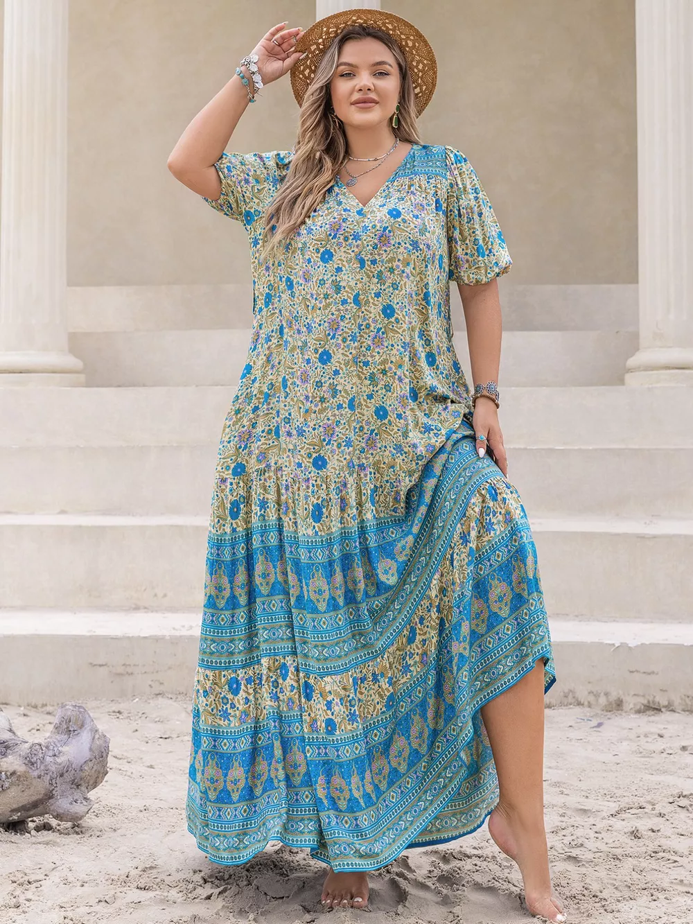 Plus Size V-Neck Floral Print Maxi Dress, image 3