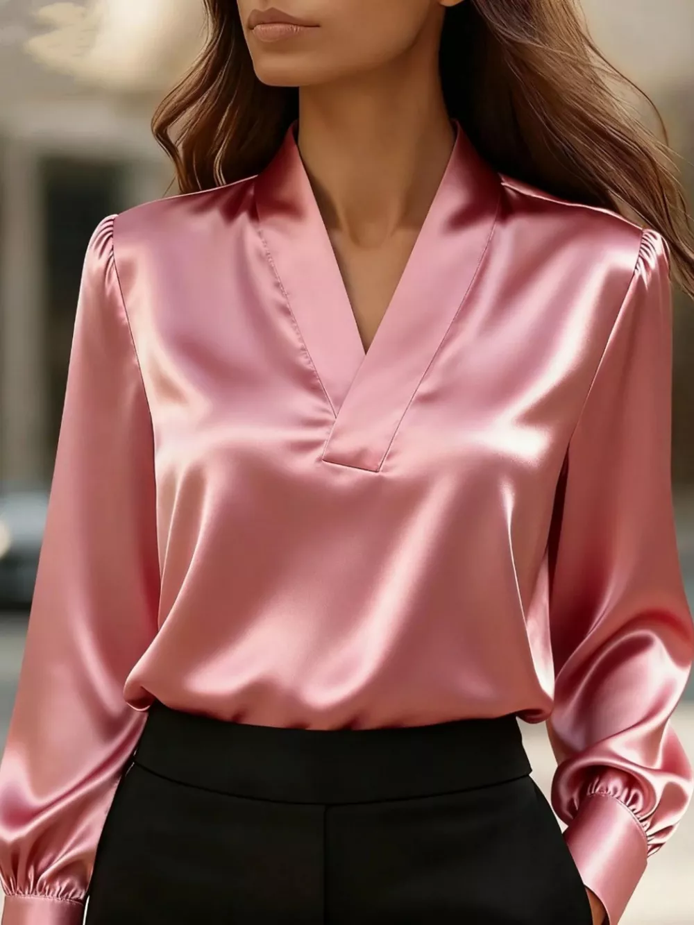 Satin V-Neck Long Sleeve Blouse, image 7