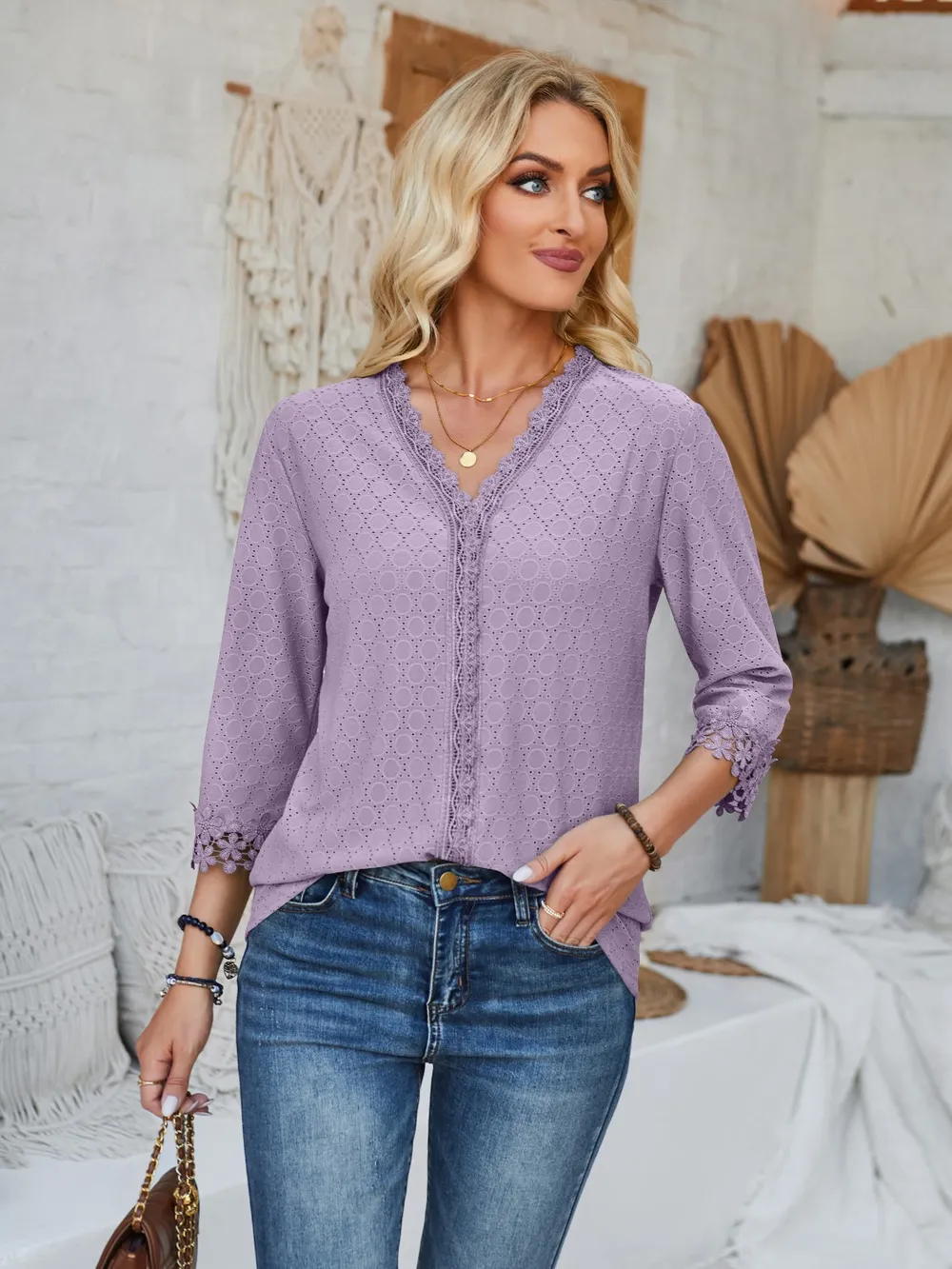 Lace Detail V-Neck Three-Quarter Sleeve Blouse, image 21