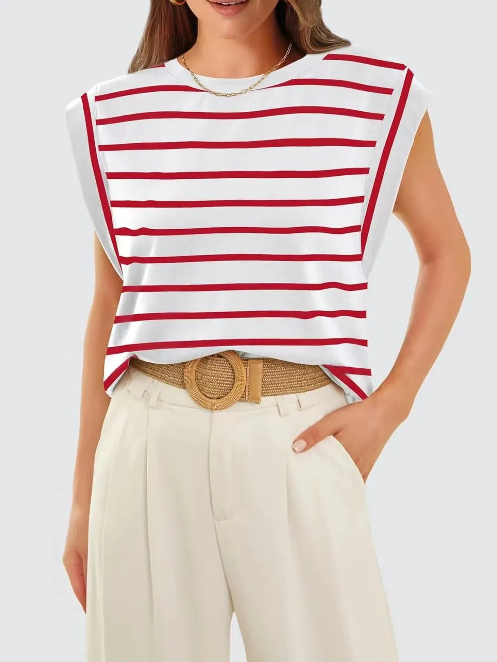 Striped Round Neck Cap Sleeve T-Shirt, image 16