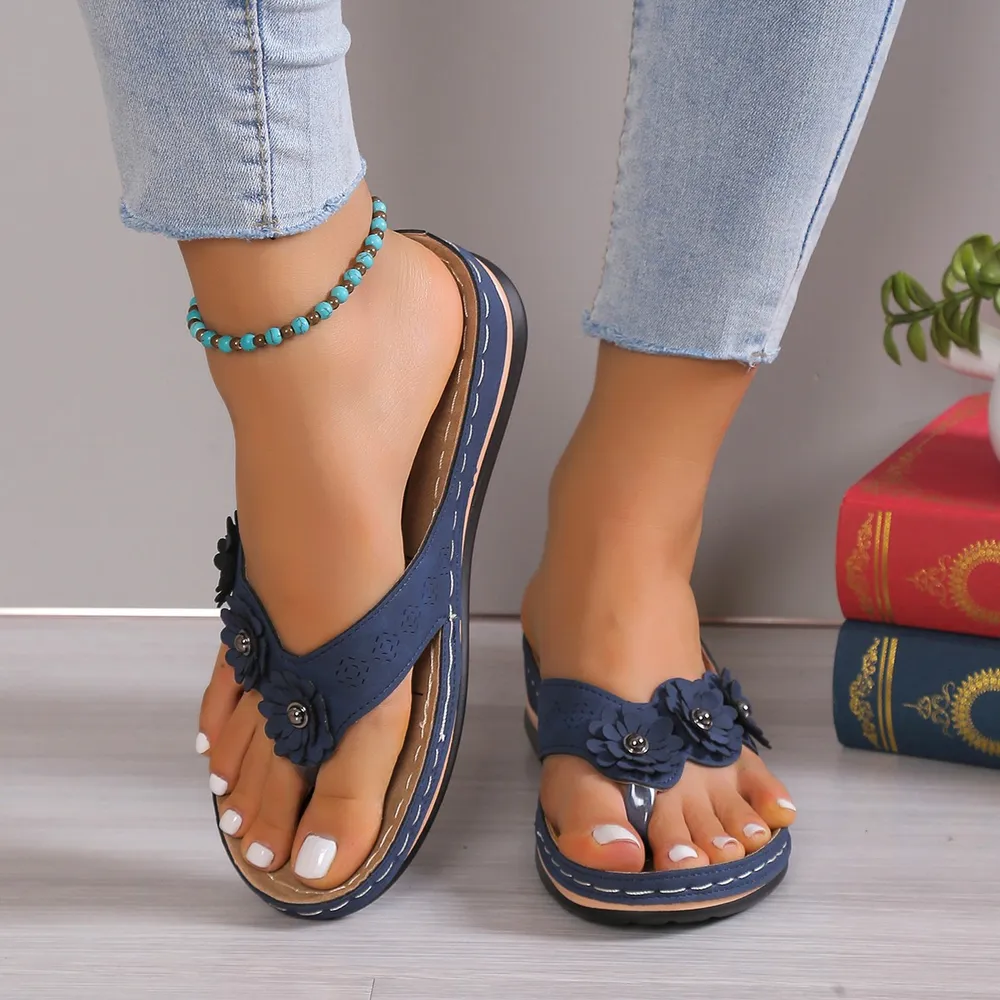 Flower Toe Post PU Leather Sandals, image 2