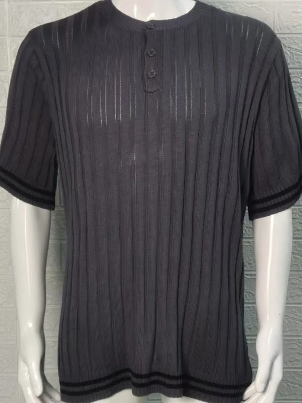 Men's Plus Size Ribbed Quarter Button Round Neck Striped Trim Polo, image 5