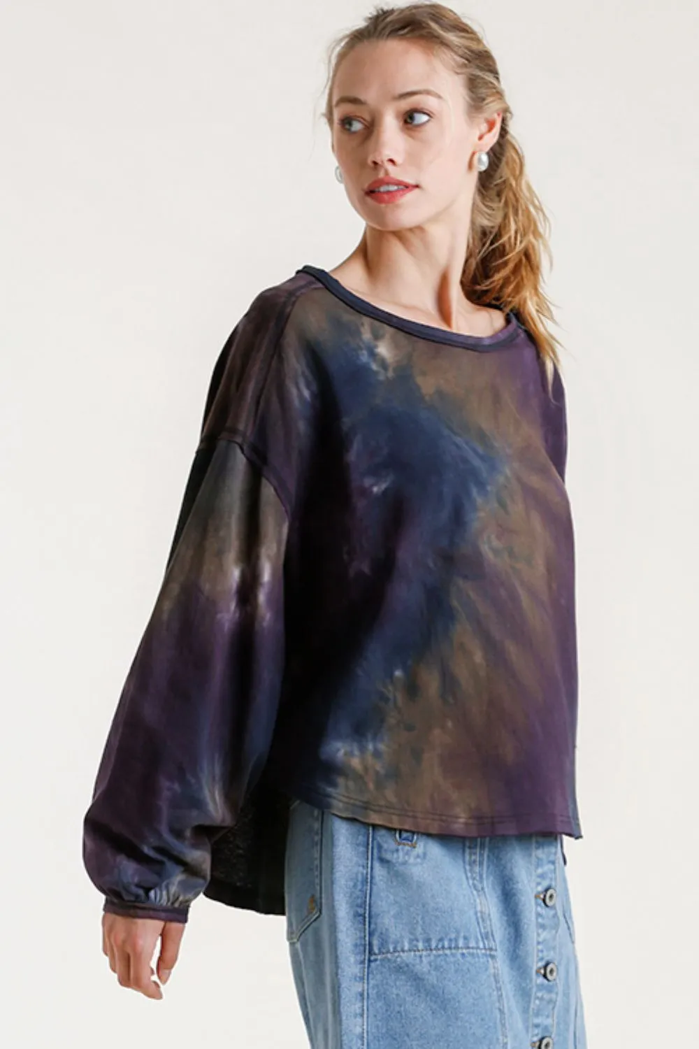 Full Size Tie Dye Round Neck Long Balloon Sleeve Top Plus Size, image 3