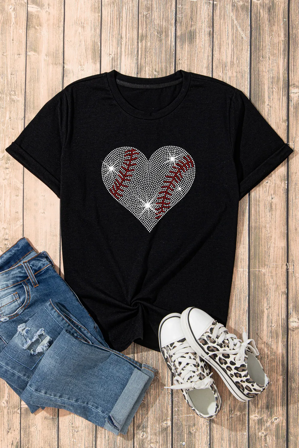 Rhinestone Heart Round Neck Short Sleeve T-Shirt, image 5