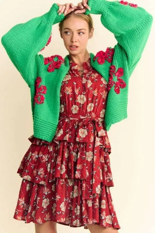 Floral Applique Open Front Drop Shoulder Cardigan, image 5