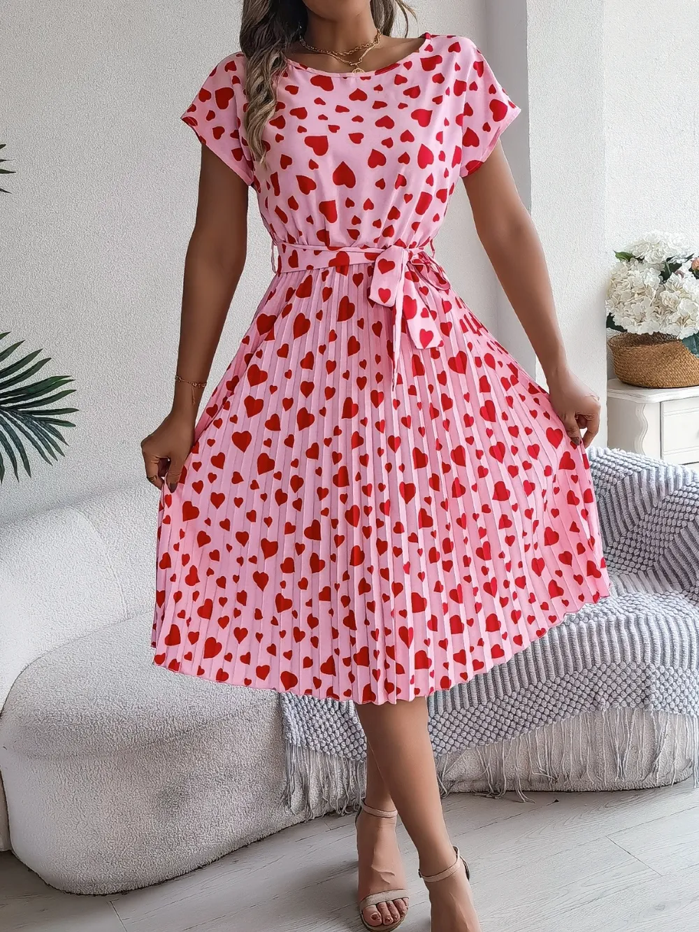 Heart Print Short Sleeve Tie Waist Dress, image 6