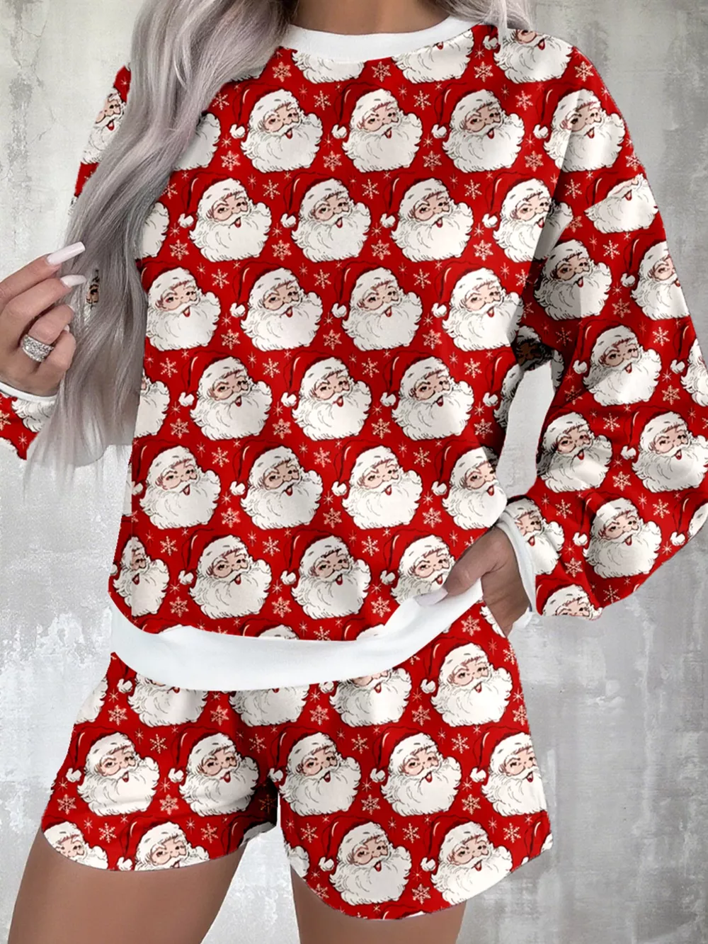 Christmas Santa Print Round Neck Top and Shorts Lounge Set, image 5