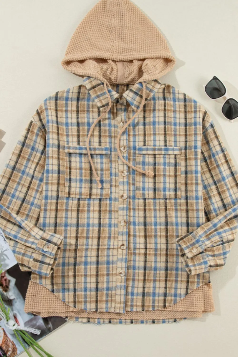 Drawstring Waffle Knit Patchwork Hooded Plaid Shacket, image 5
