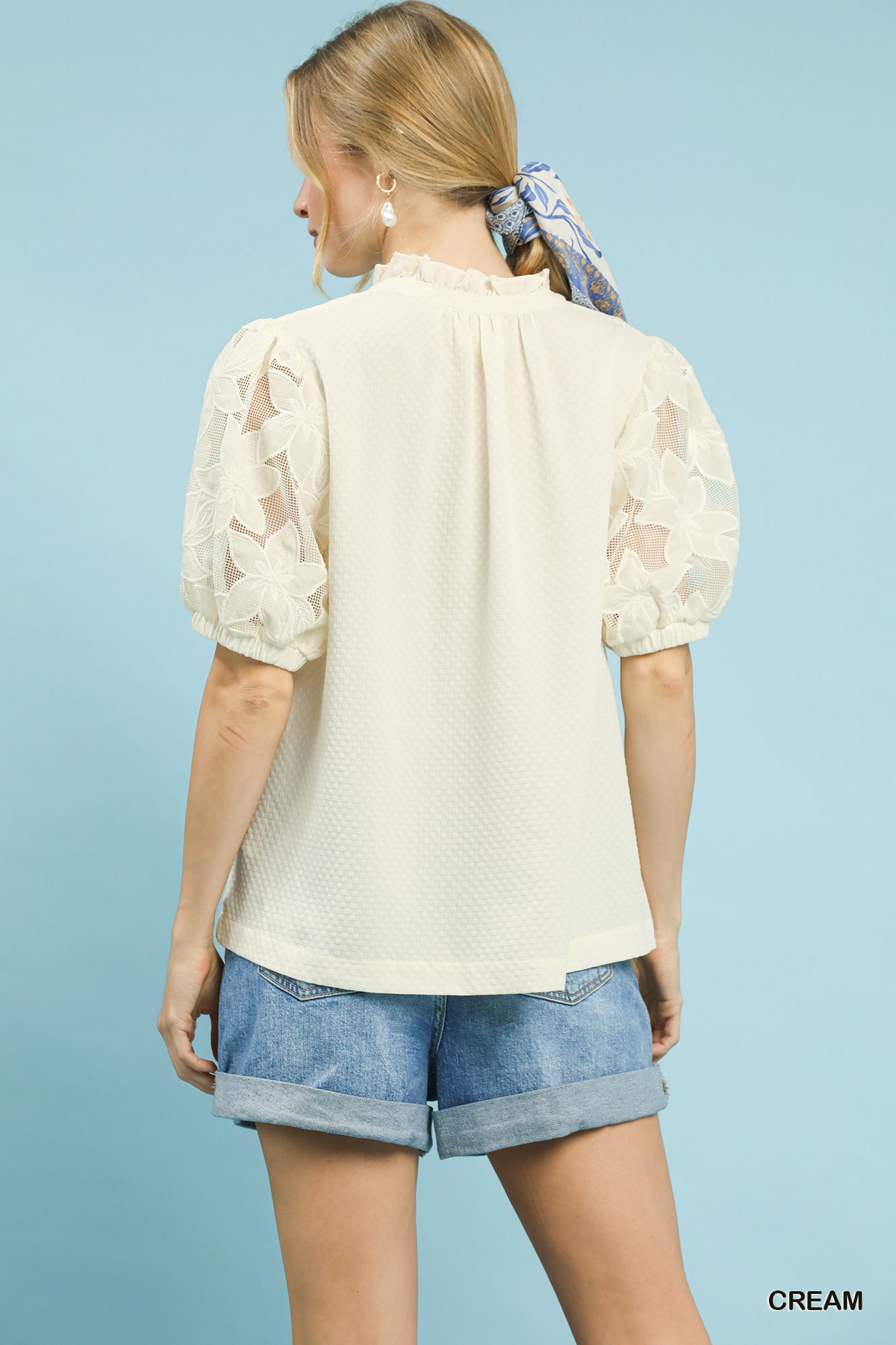 Textured Blouse with Lace Contrast Sleeves, image 4