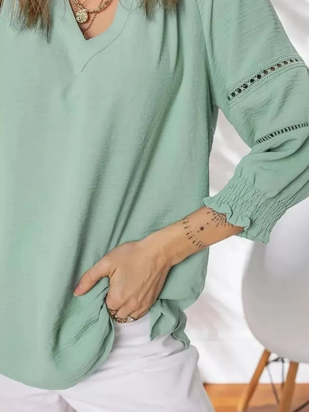 Solid Color Smocked Long Sleeve Blouse, image 16