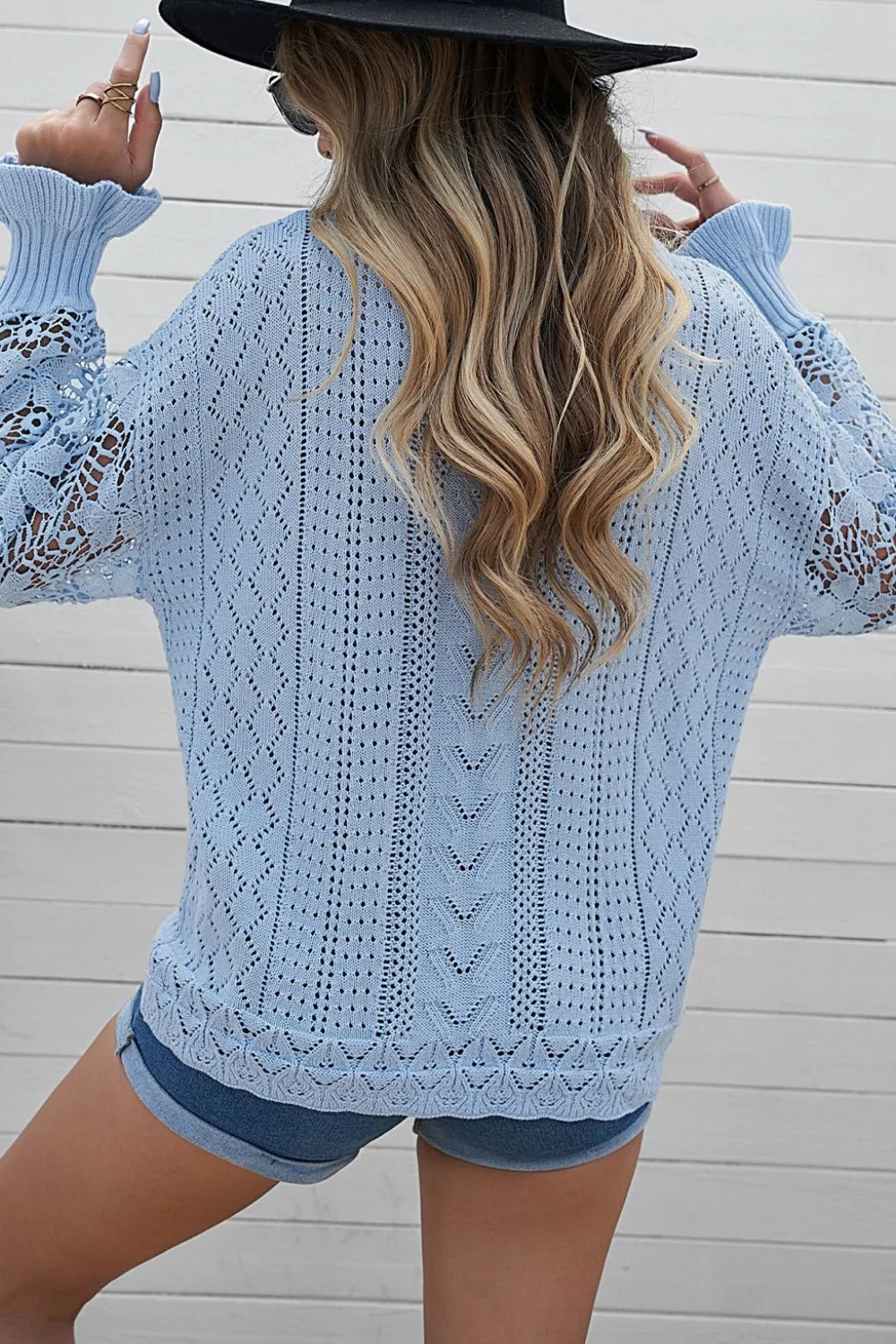 Openwork Round Neck Long Sleeve Sweater, image 18
