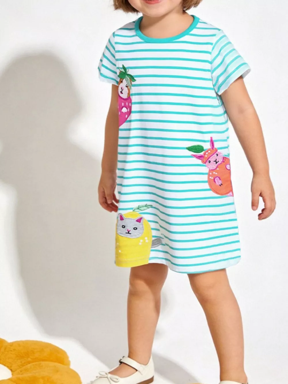 Children's Animal Embroidered Striped Casual Dress, image 2