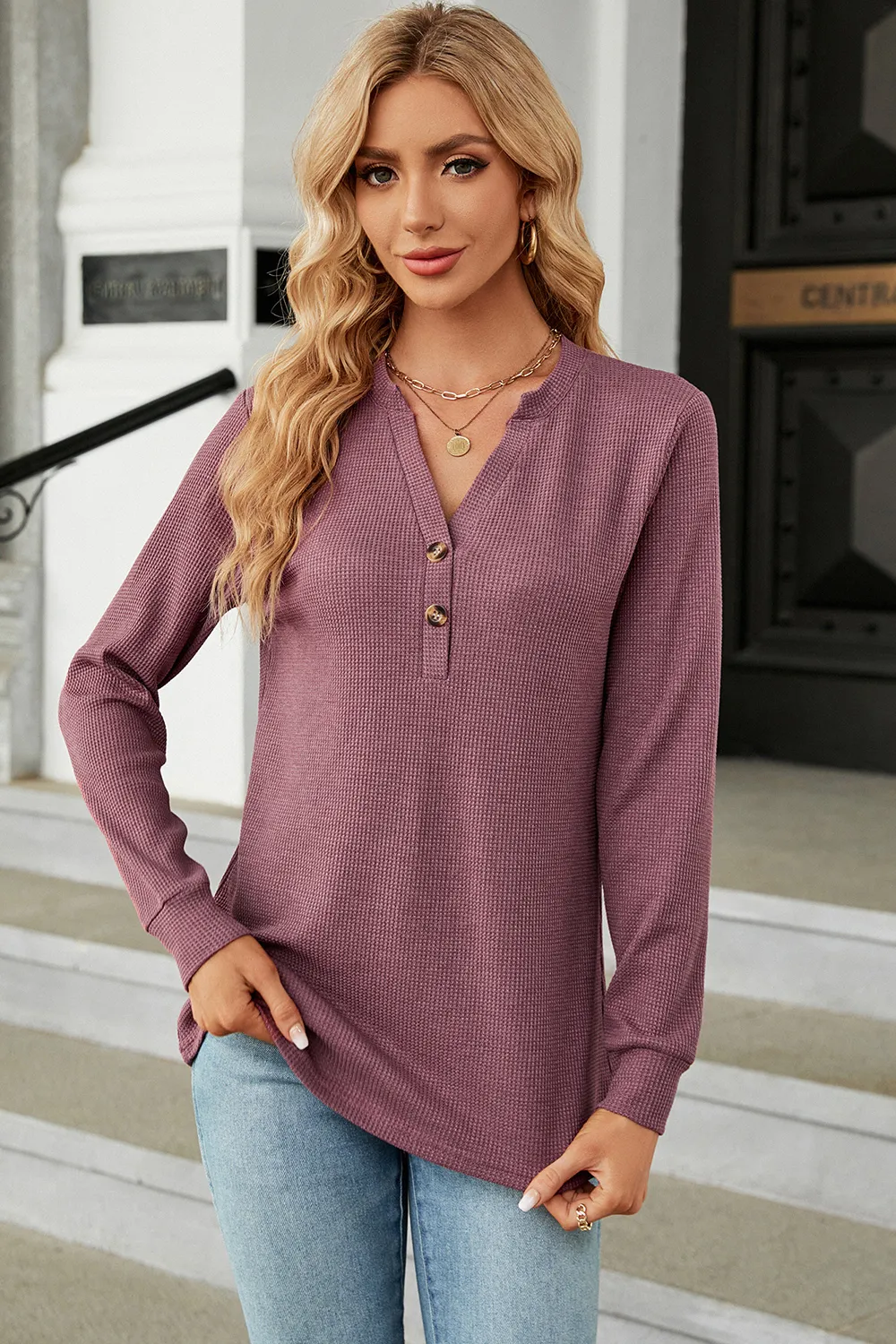Waffle-Knit Notched Long Sleeve T-Shirt, image 16