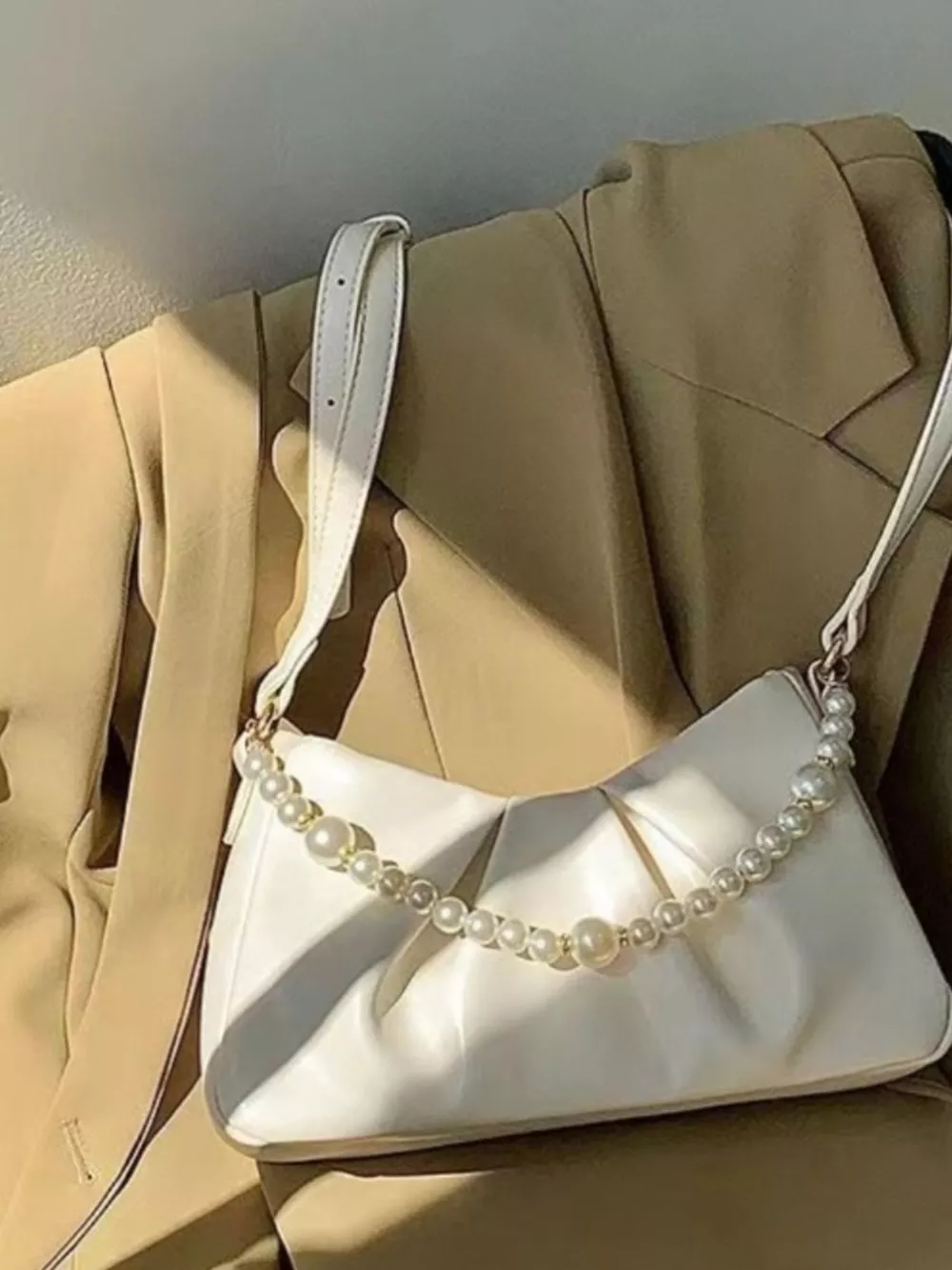 Pearl Embellished Ruched Shoulder Bag, image 6