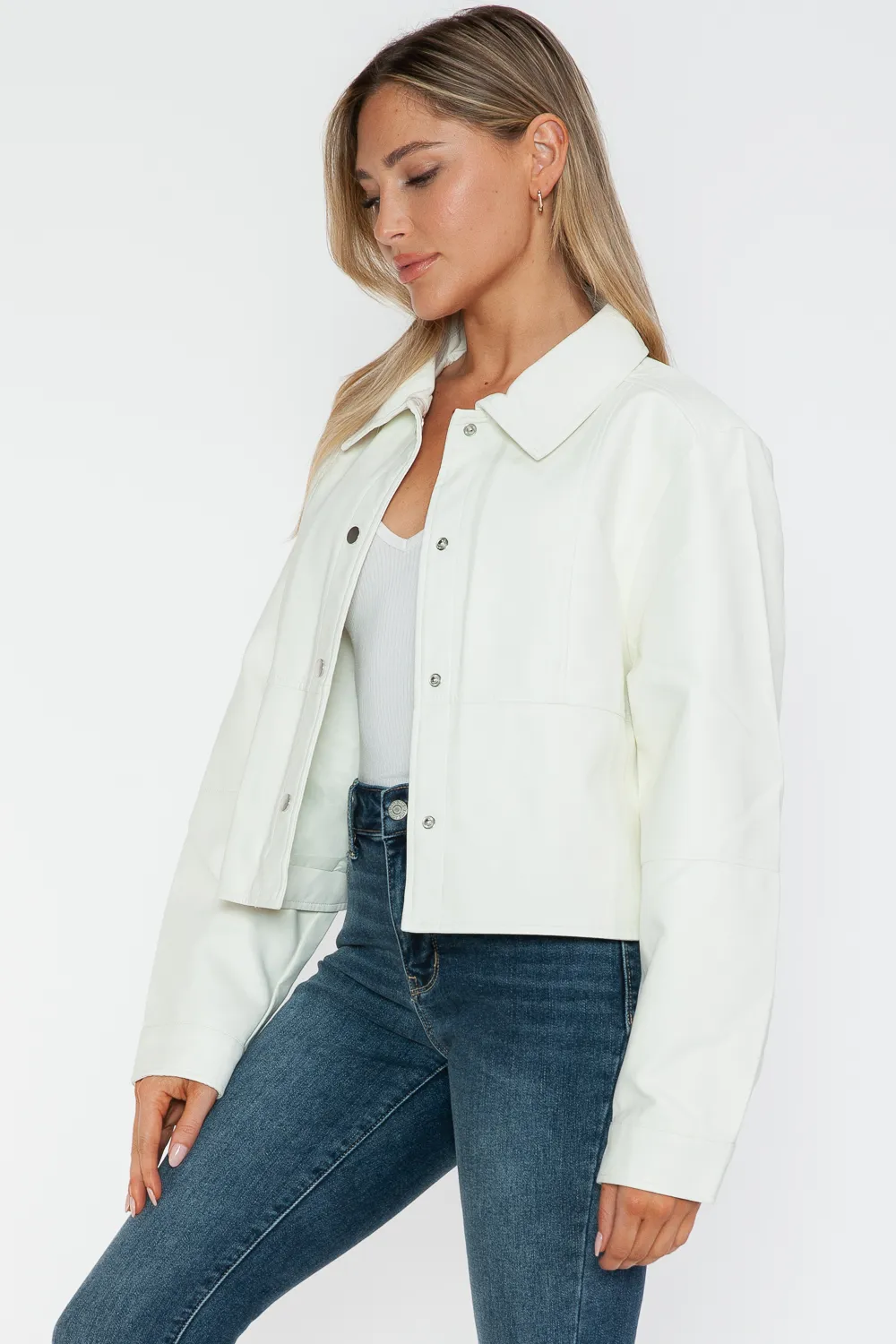 Snap Down Long Sleeve PU Leather Jacket, image 10