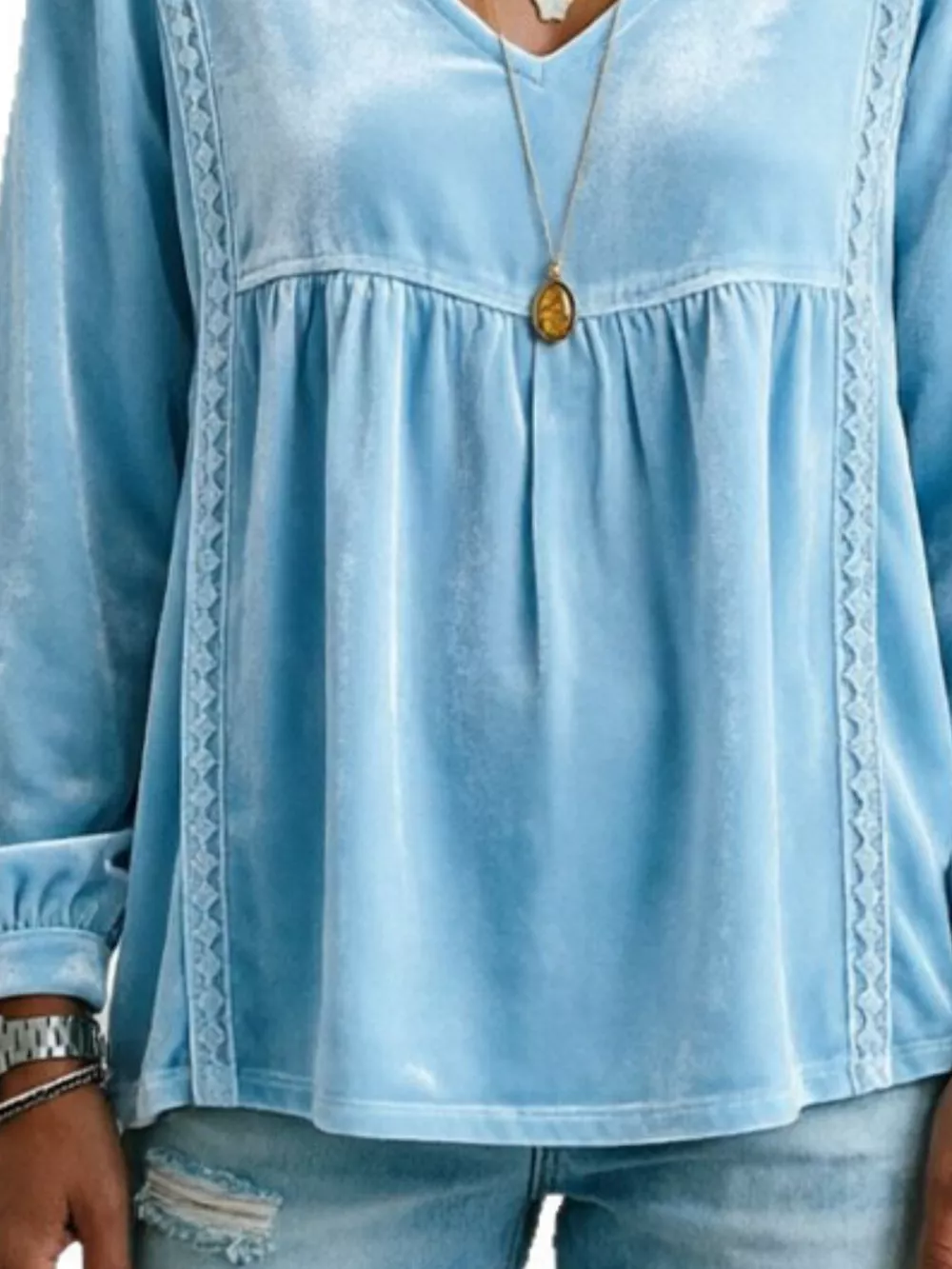 Full Size V-Neck Long Sleeve Velvet Blouse with Lace Trim Plus Size, image 33