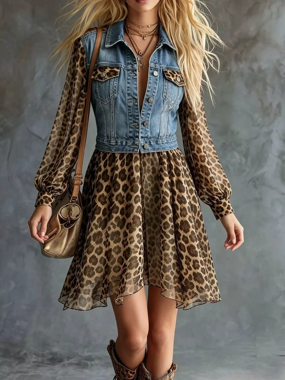 Full Size Denim Leopard Patchwork Mini Dress Plus Size