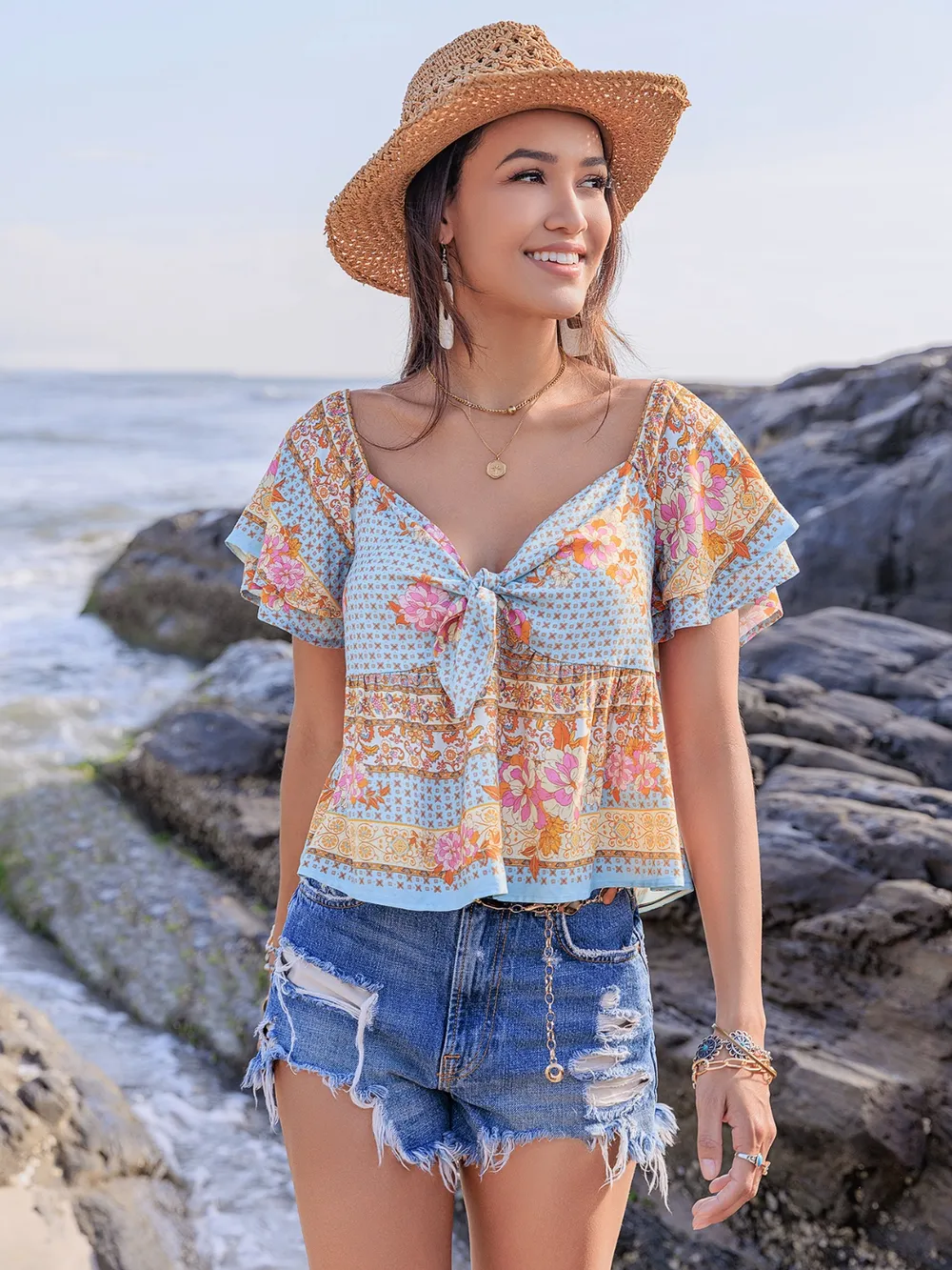 Printed Sweetheart Neck Layered Short Sleeve Blouse, image 5