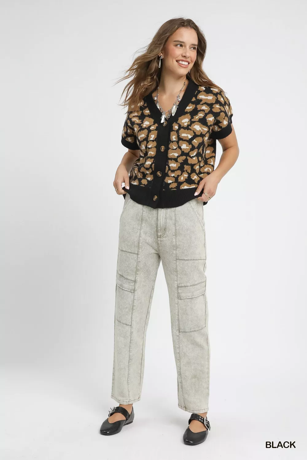 Leopard Button Down Short Sleeve Cardigan, image 2