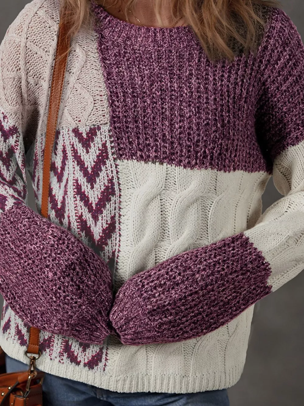 Color Block Patchwork Knotted Back Loose Fit Sweater, image 2
