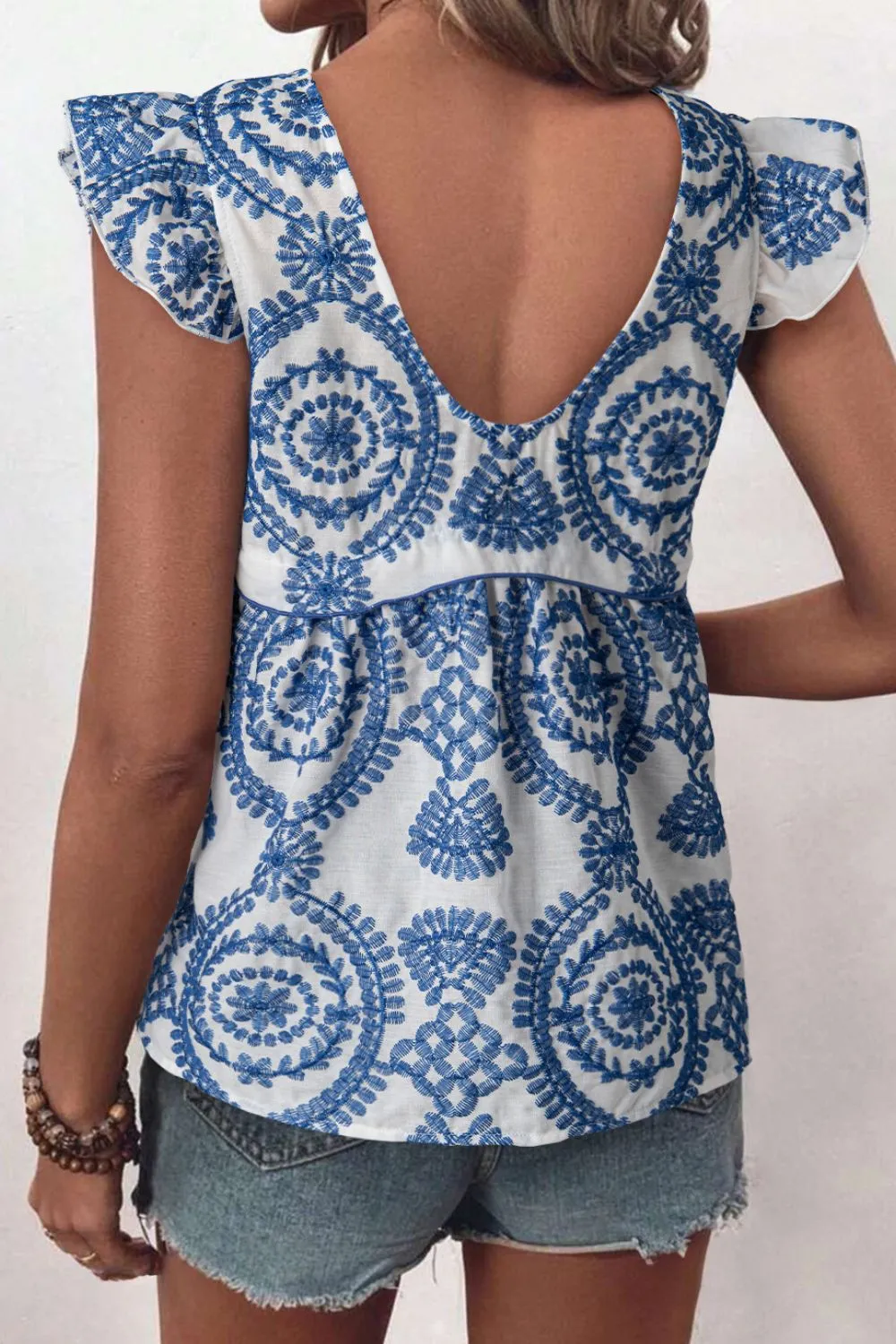 Boho Print Ruffled Cap Sleeve Crew Neck Blouse, image 8