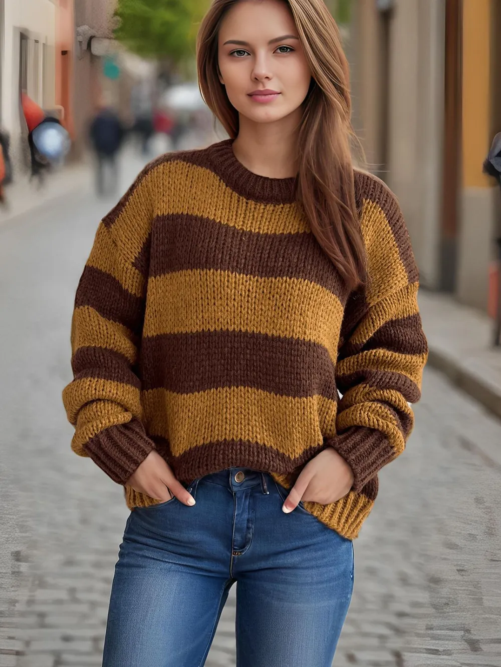 Contrast Striped Round Neck Long Sleeve Sweater, image 10