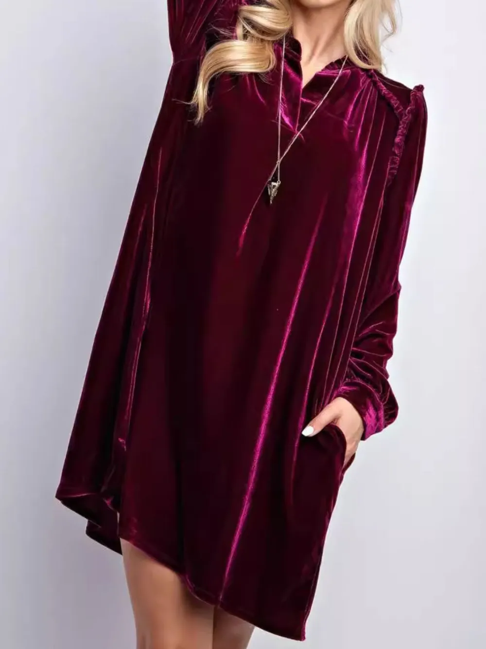 Frill Notched Long Sleeve Dress with Pockets, image 4