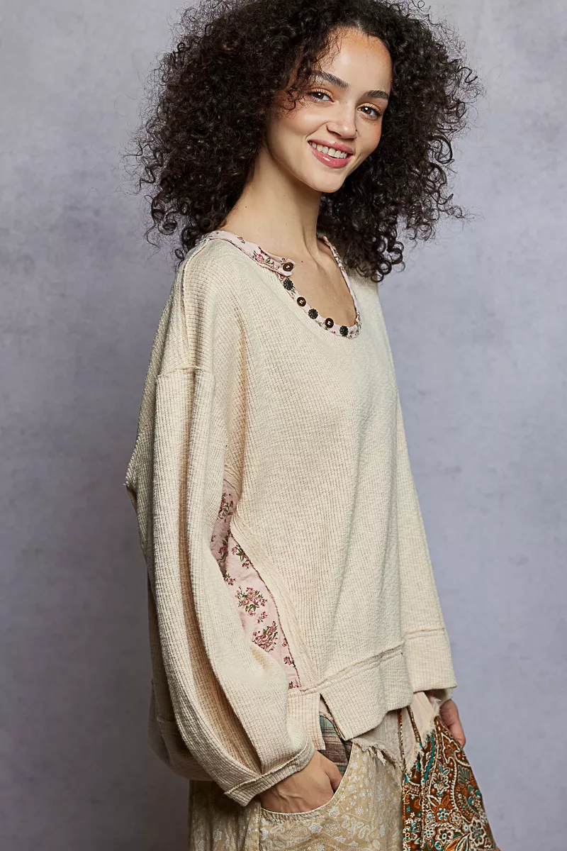Balloon Sleeve Oversized Ribbed Top with Floral Pattern Contrast, image 5
