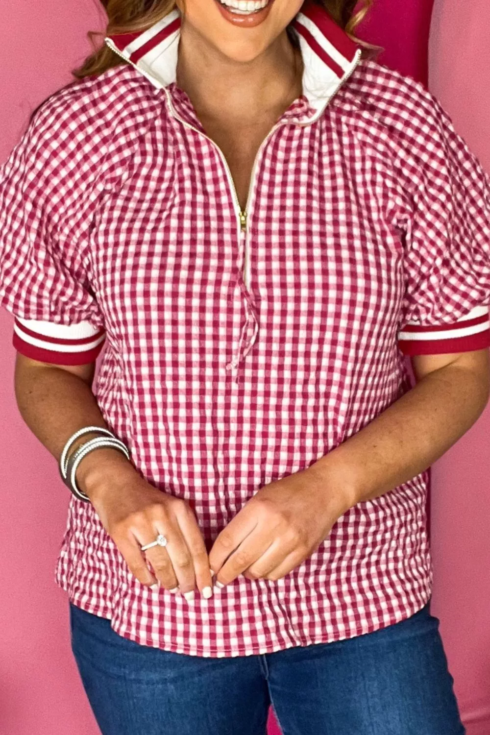 Gingham Puff Sleeve Quarter Zip Blouse, image 4
