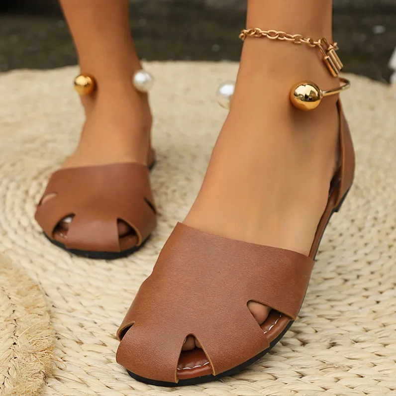 Cutout Leather Flat Sandals, image 6