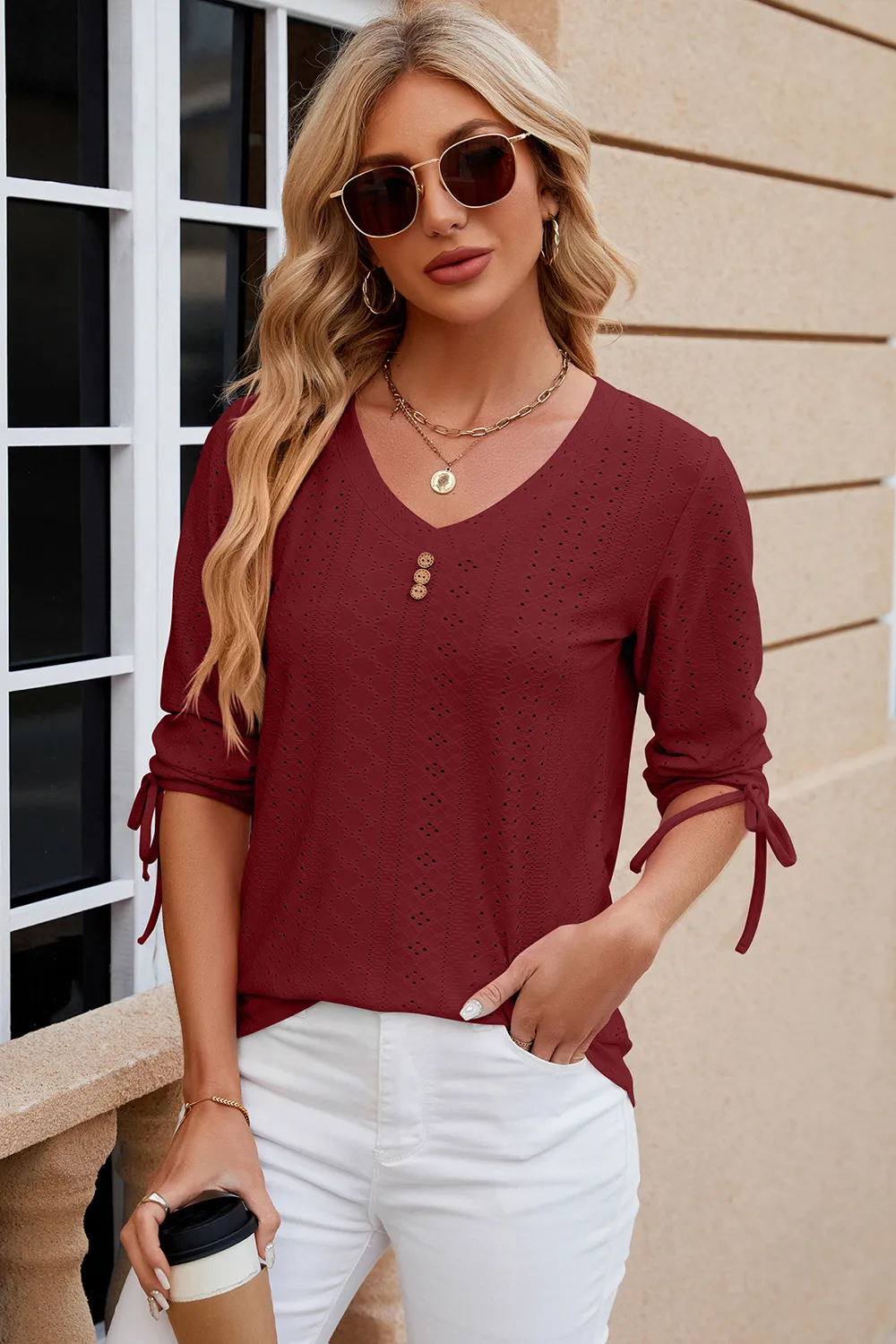 Eyelet Drawstring V-Neck Half Sleeve T-Shirt, image 27