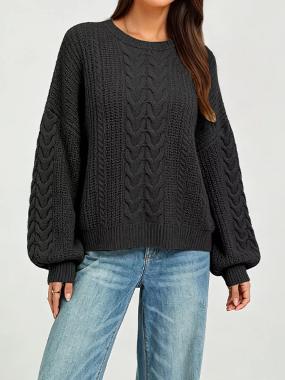 Chunky Cable Knit Round Neck Sweater, image 4