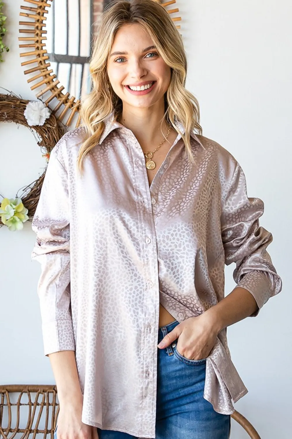 Full Size Ditsy Dot Button Down Collared Satin Shirt