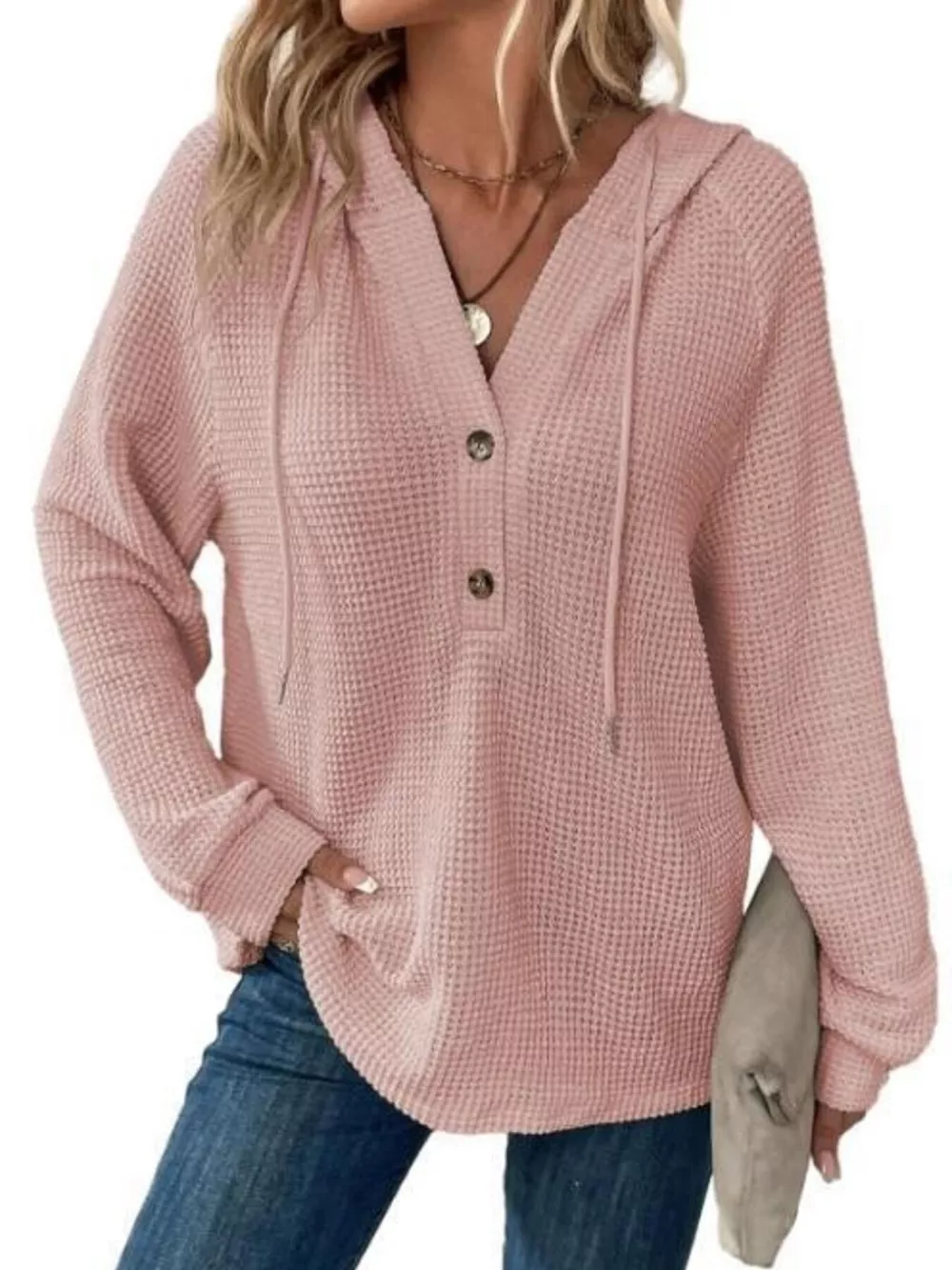 Full Size Button Detail Waffle Knit Hoodie Plus Size, image 22