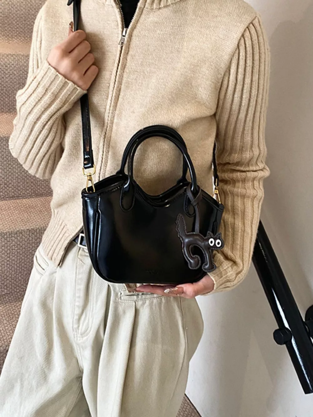 Leather Cat Charm Crossbody Bag, image 2