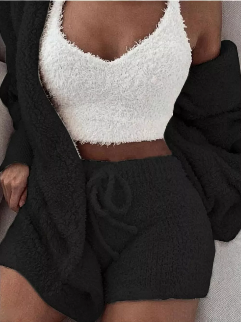 Full Size 3-Piece Fuzzy Plush Cardigan and Shorts Lounge Set with Crop Top Plus Size, image 5