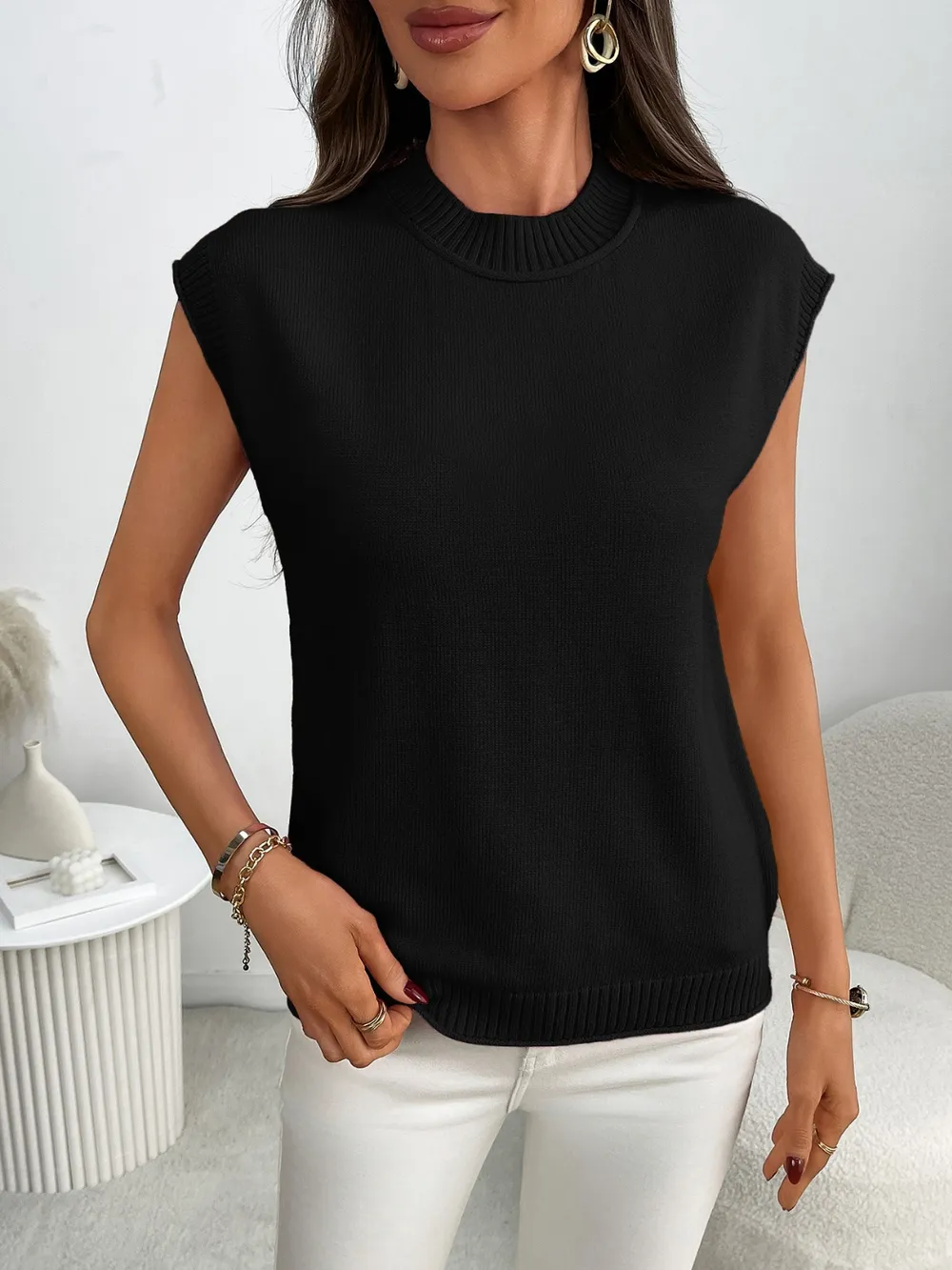 Mock Neck Cap Sleeve Knit Top, image 9