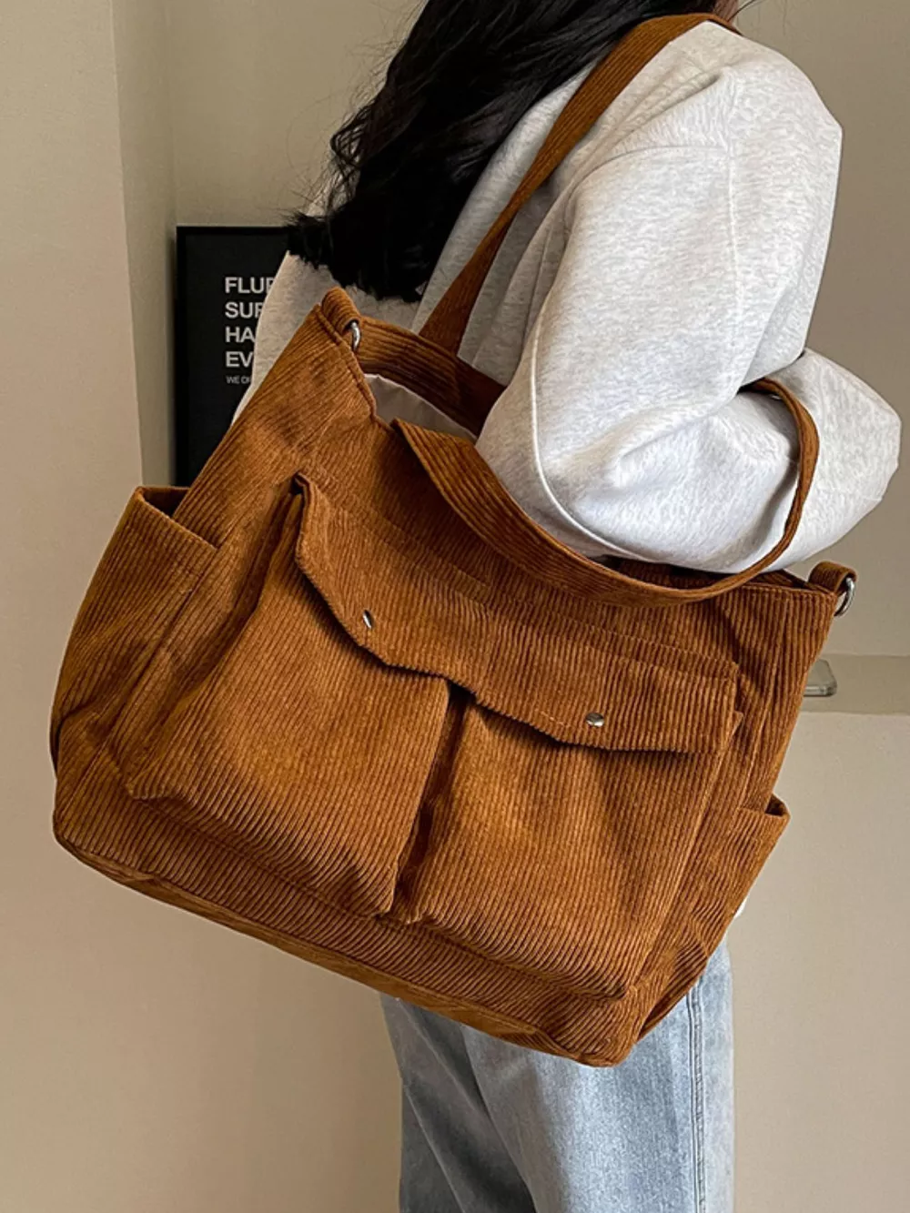 Corduroy Large Tote Bag with Adjustable Strap, image 5