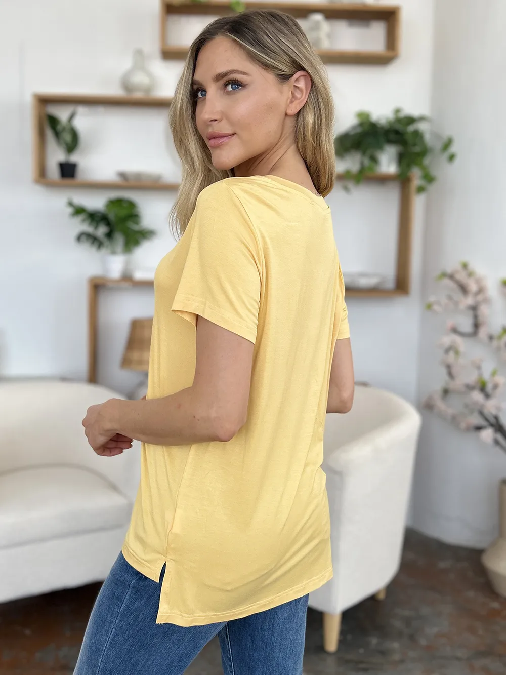 Bamboo Full Size V-Neck High-Low T-Shirt, image 18