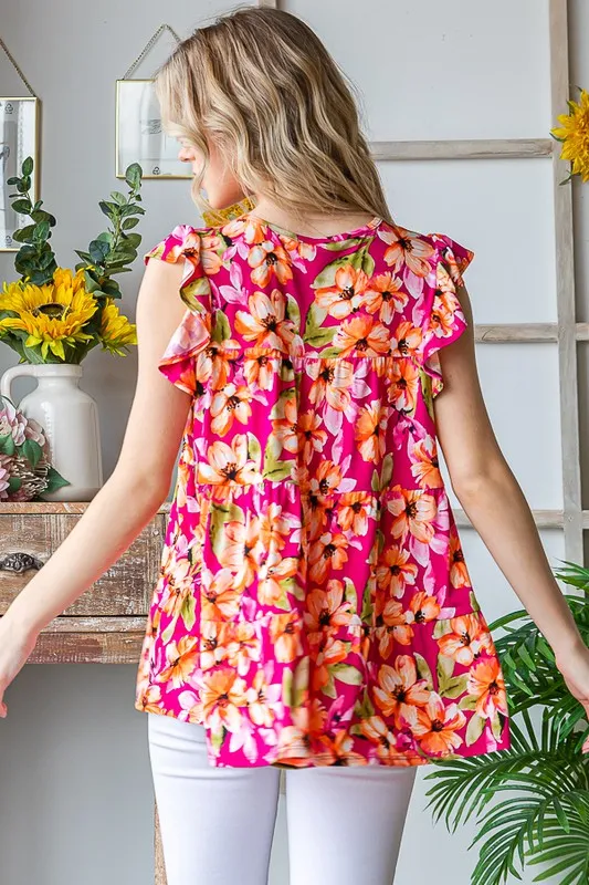 Full Size Butterfly Sleeve Floral Tiered Top Plus Size, image 2