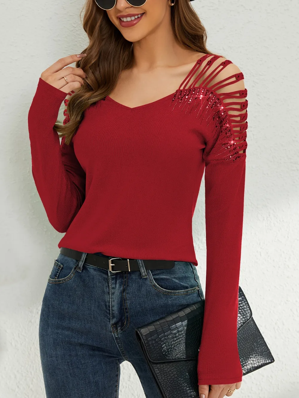 Rhinestone Cutout Long Sleeve T-Shirt, image 9