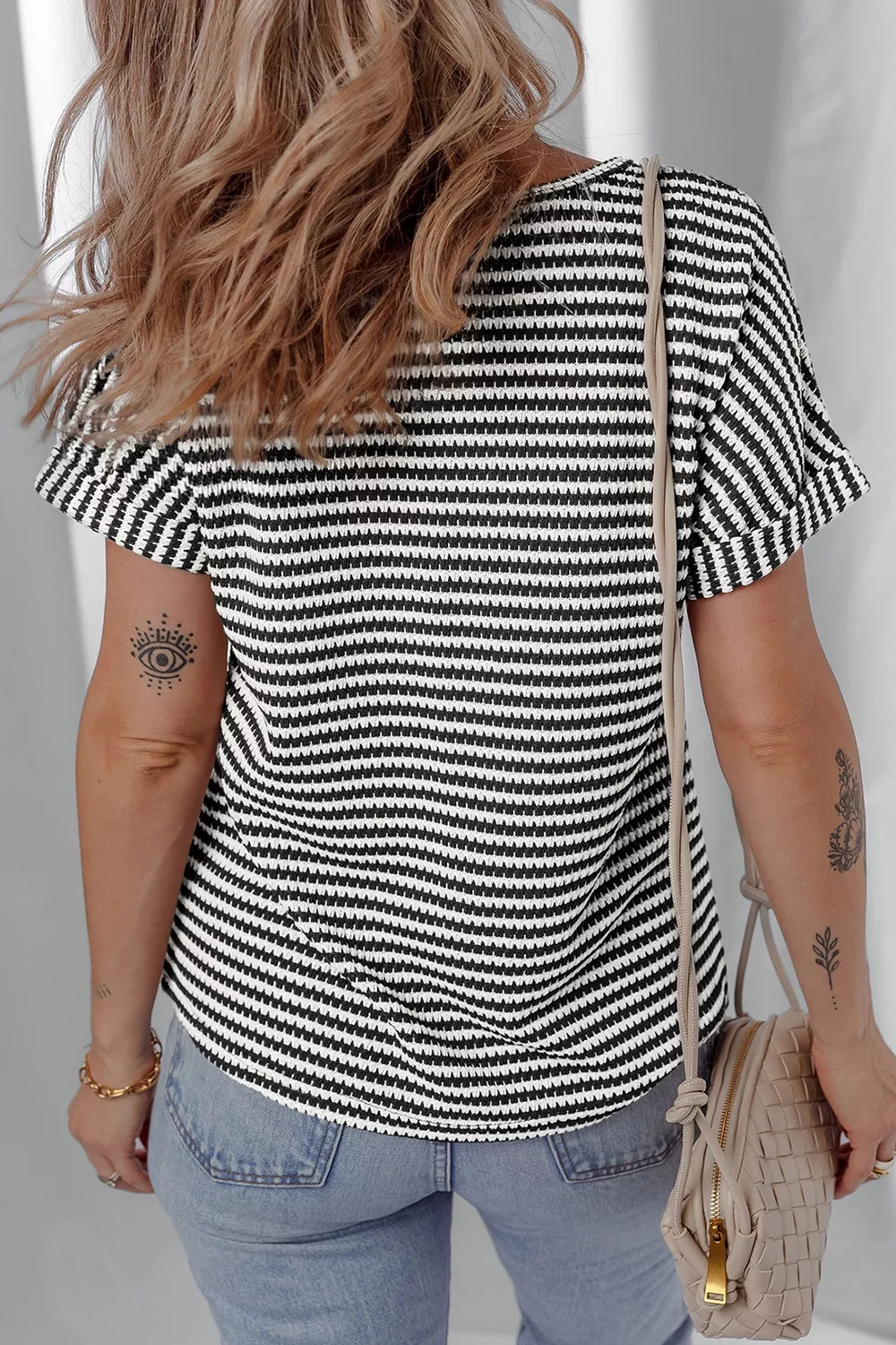 Stripe Textured Knit Notched Neck Cuffed Short Sleeve Top, image 5