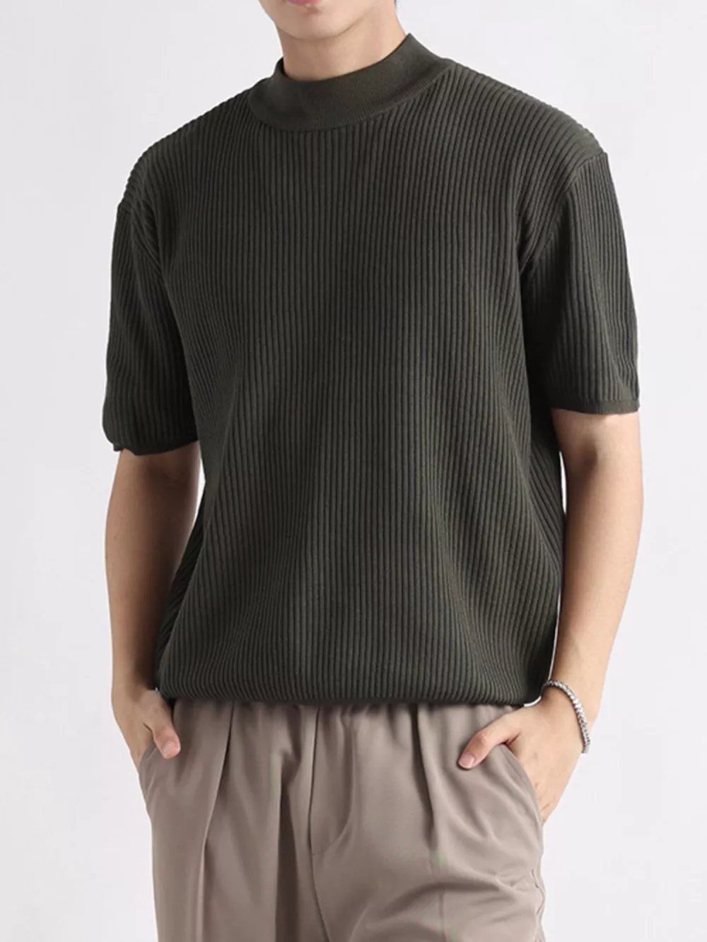 Men's Plus Size Ribbed Knit Mock Neck Short Sleeve T-Shirt, image 4