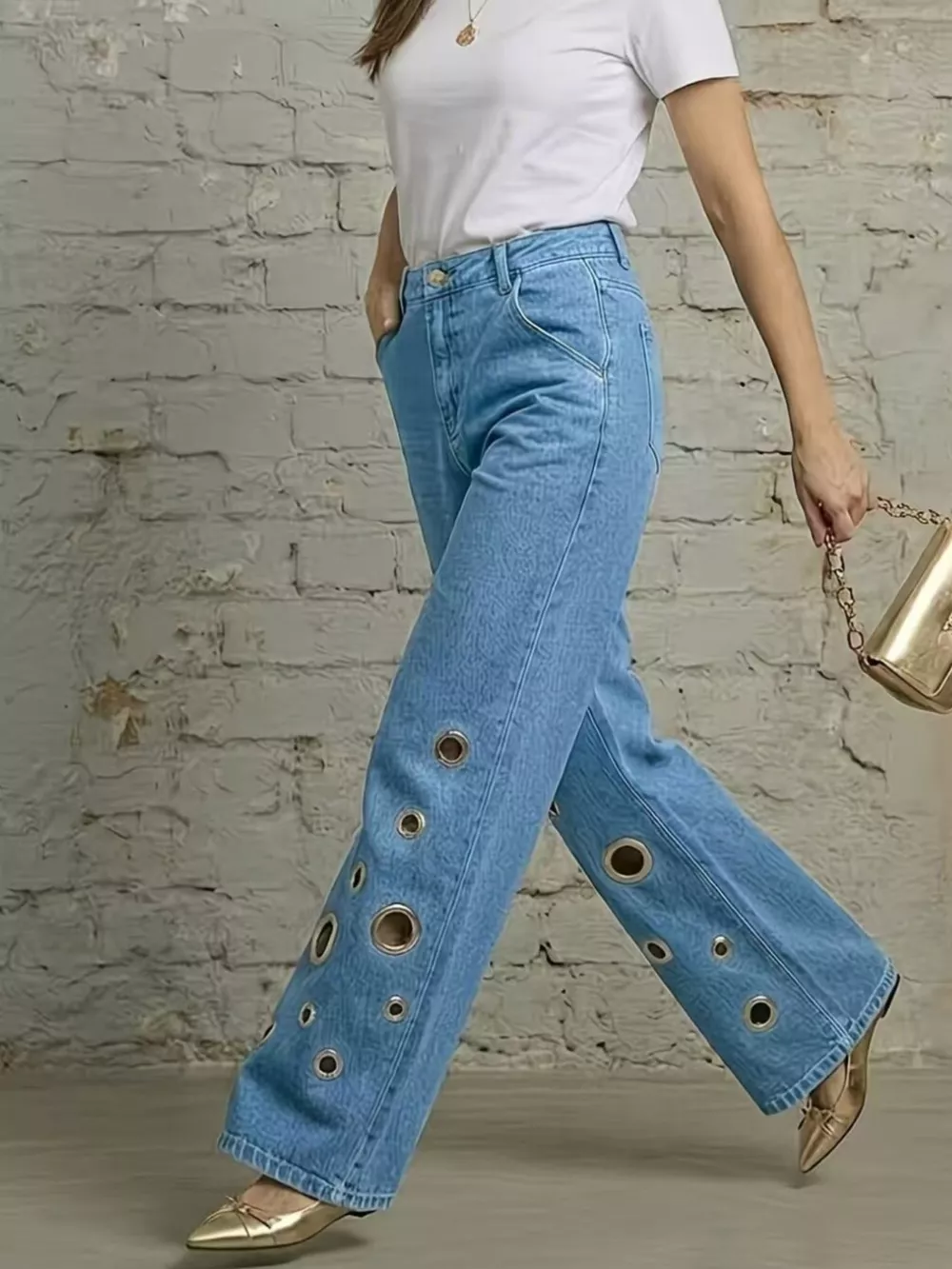 Wide Leg Jeans with Eyelet Details, image 5