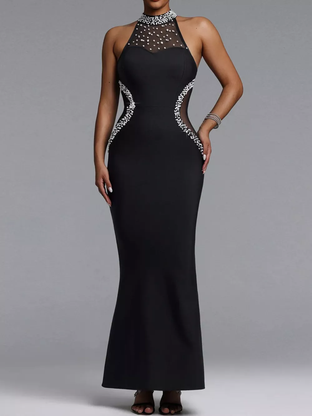 Pearl Detail Rhinestone Sleeveless Maxi Dress
