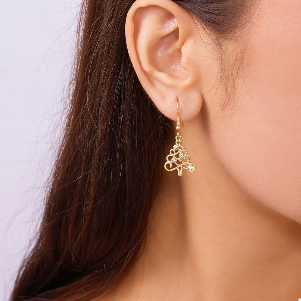 18K Gold-Plated Rhinestone Christmas Tree Dangle Earrings, image 2